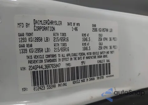 2006 Dodge Grand Caravan Sxt from USA, damaged, VIN 2D4GP44L36R765047